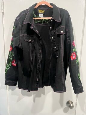 Bob Mackie Wearable Art Black Jacket with Red/ Pink Floral Embroidery